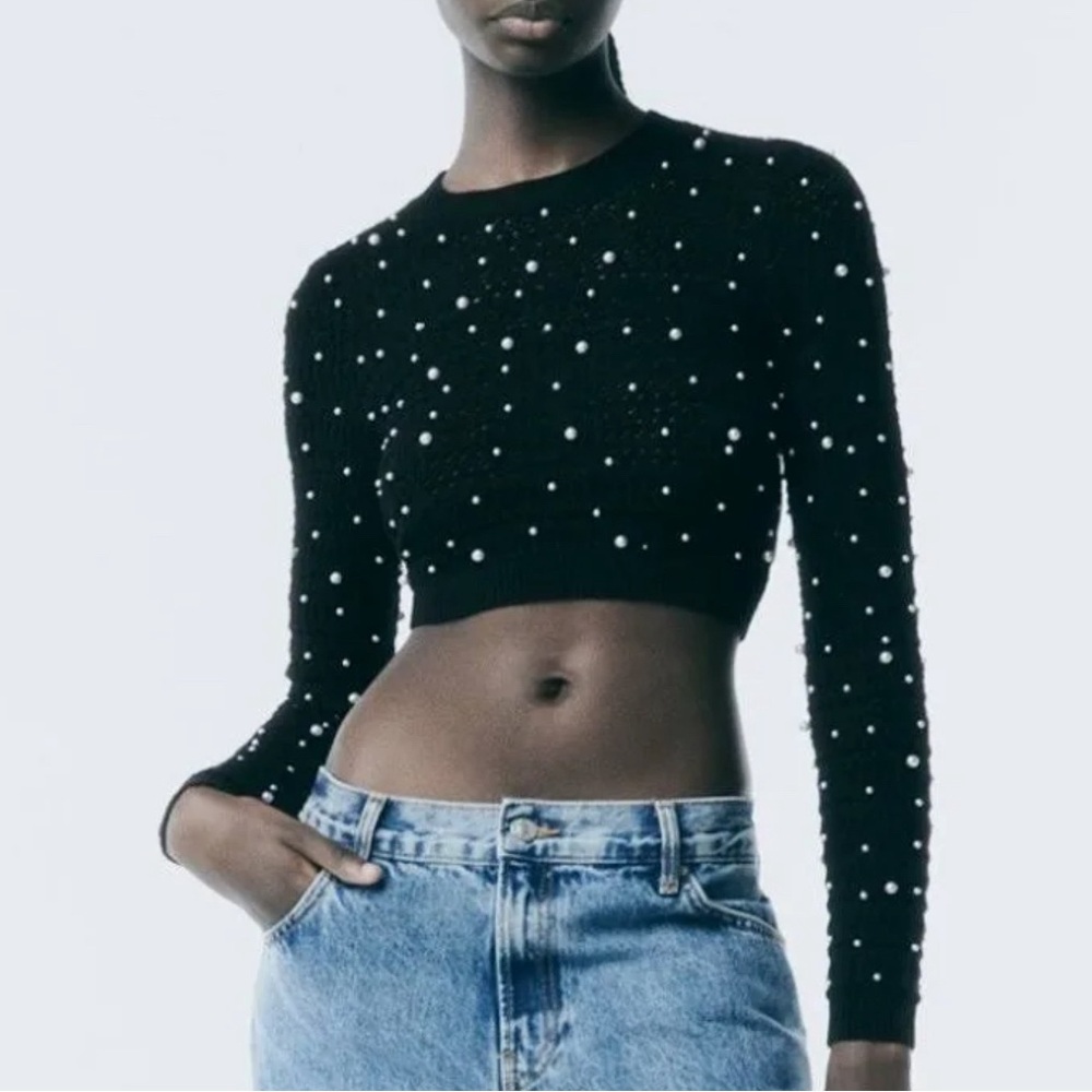Zara Black Pearl-Studded Crop Top
